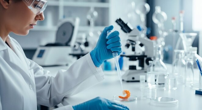 Scientist meticulously tests shrimp sample using pipette in bright, modern laboratory setting with microscope - Powered by Adobe