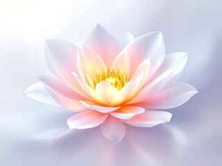 Abstract white flower with delicate translucent petals and a glowing orange golden center. Futuristic organic digital artwork on soft background