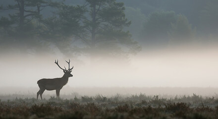 Obraz premium A majestic stag stands proudly in a misty meadow, surrounded by trees and fog.