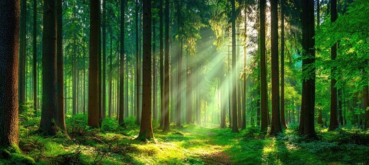 Sunlight streams through a dense forest of tall trees