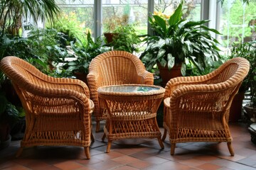 Obraz premium A wicker patio set, consisting of two armchairs and a small round table with a glass top, sits amidst lush potted plants in a sunlit conservatory. The terracotta tiled floor adds warmth