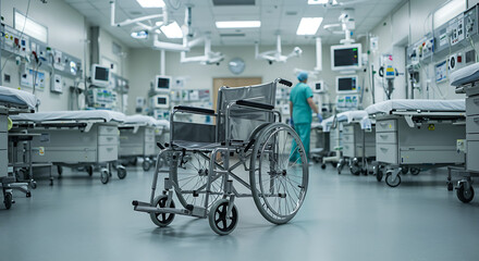 A sterile, modern hospital operating room or recovery area with a wheelchair in the foreground and a medical professional walking away amidst numerous gurneys and advanced equipment.