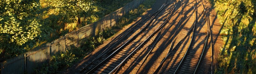 Railroad tracks cross through a sunlit forest