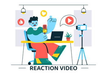 Reaction Video Vector Illustration featuring a Smartphone with a Viral Video and People Giving Likes and Reactions on Social Media in a Background