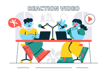Reaction Video Vector Illustration featuring a Smartphone with a Viral Video and People Giving Likes and Reactions on Social Media in a Background