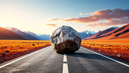 The Roadblock: A solitary boulder obstructs the path, symbolizing challenges, obstacles and hurdles that stand in the way of reaching a goal, set against a backdrop of an open road and a dramatic sky.