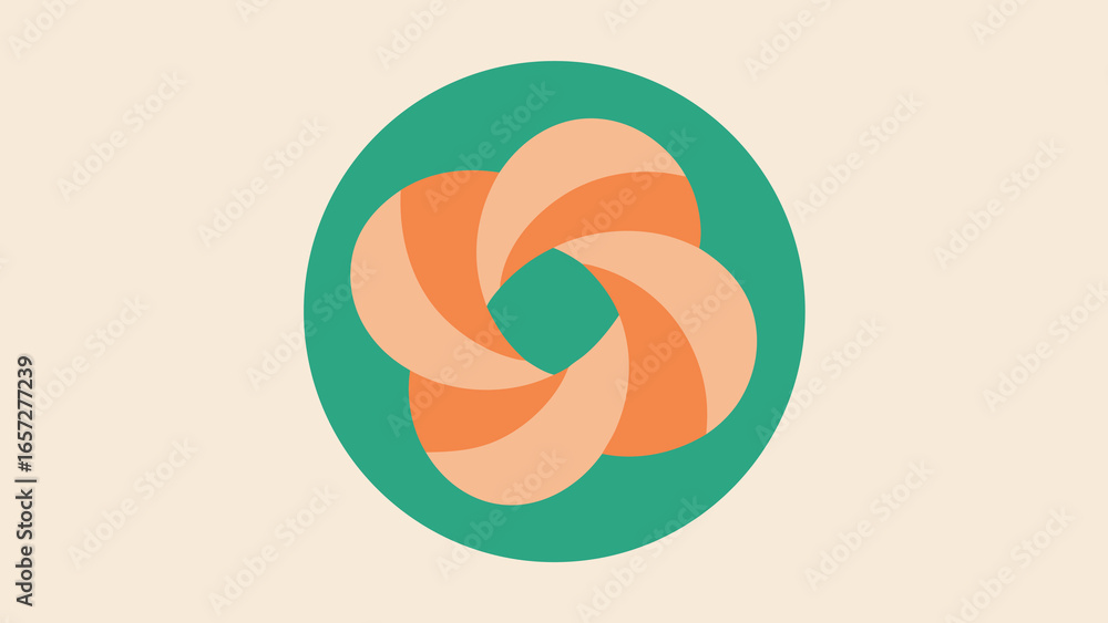 Poster swirling abstract shape in peach and teal within a teal circle on a light background orange