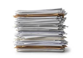 Tall stack of papers and documents on a white background