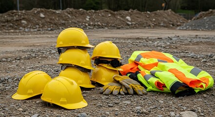 Construction Site Safety Gear A Collection of Yellow Hard Hats and High-Visibility Safety Vests