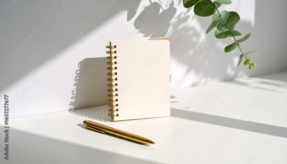 Aufkleber blank notebook sits on a white surface with a gold pen and eucalyptus leaves casting shadows, creati