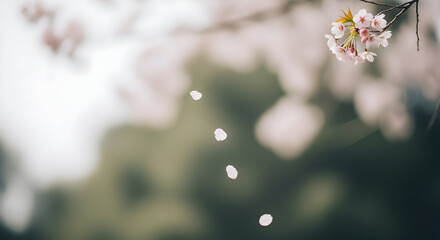 Beautiful soft focus image of cherry blossoms with delicate petals falling against a blurred background perfect for spring nature themes and floral designs