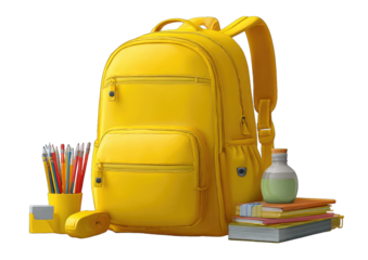 Bright yellow backpack, school supplies