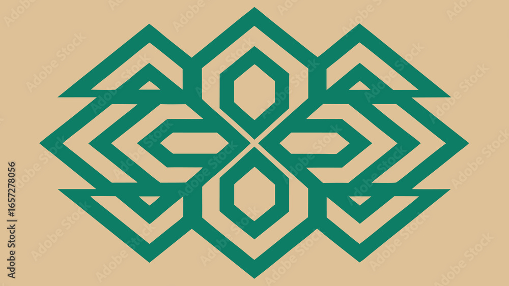 Aufkleber symmetrical geometric emblem with interlocking diamond and angular shapes in teal and beige keywords