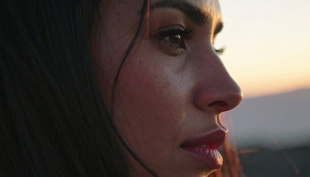 Close-up profile of a woman gazing at sunset