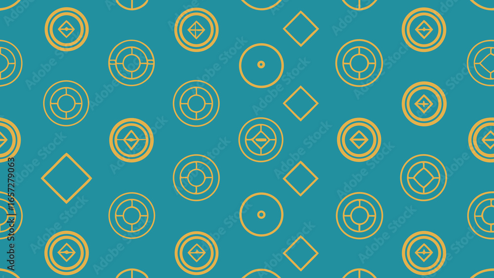 Aufkleber teal background with a repeating pattern of yellow geometric shapes and circular motifs abstract