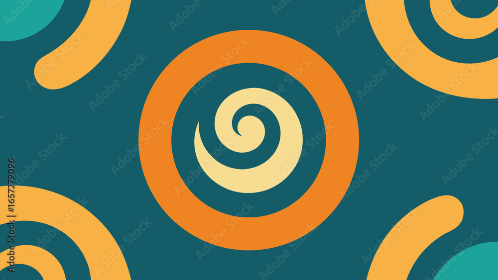 Aufkleber teal background with repeating orange and cream spiral shapes and curved elements abstract pattern