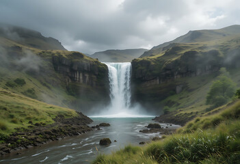 Misty Twin Waterfalls in Lush Green Canyon