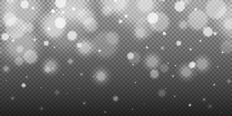 Christmas snow fall background. Falling snowflakes with glowing bokeh lights on transparent background. Winter Christmas and New Year decoration effect overlay. Stock vector illustration in realistic