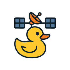 Innovative Rubber Duck Satellite. A charming yellow bath toy equipped with a communication dish and solar panels. It embodies playful technology, global connectivity, and ingenious ideas.
