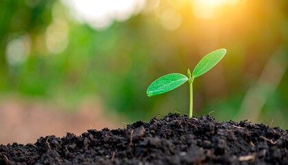 Fototapeta premium A small sprout emerges from the rich soil, bathed in morning sunlight, showcasing new life and growth.