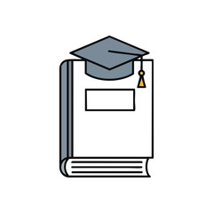 Academic Study and Graduation Icon. A graphic of a scholarly hat resting on a volume, symbolizing knowledge, diligent pursuit of wisdom, and the successful attainment of a degree.