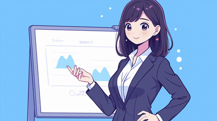 スーツを着た女性がオフィスの会議室でプロジェクターやホワイトボードを使って発表を行うイラスト。ビジネス、キャリア、教育、会議、就職活動、ビジネス資料に使える抽象的な背景素材。