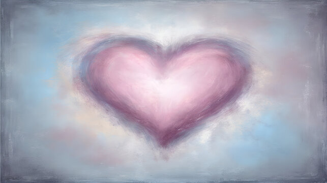 An abstract, painterly image of a soft pink heart radiating from a gray background.
