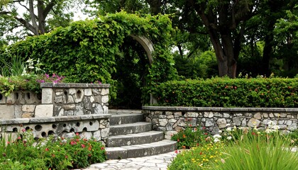 Stone walls and steps leading through a garden archway.