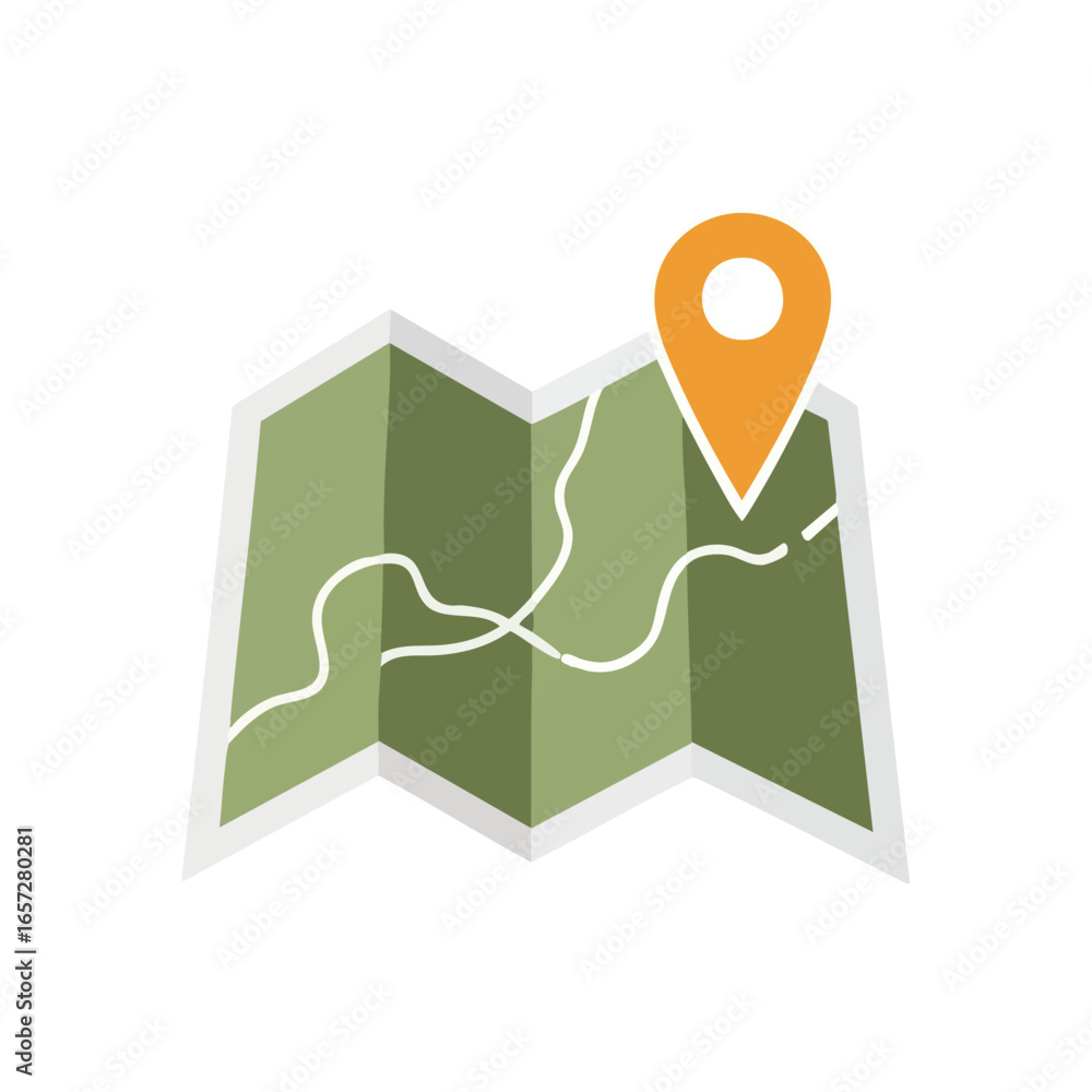 Poster map location pointer symbol. this modern graphic displays a folded chart with an orange directional 