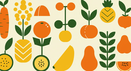 Vibrant mid-century modern pattern featuring stylized fruits and vegetables in warm orange and yellow hues