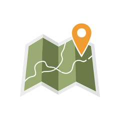Map Location Pointer Symbol. This modern graphic displays a folded chart with an orange directional marker. It represents journeys, finding your way, and pinpointing destinations.