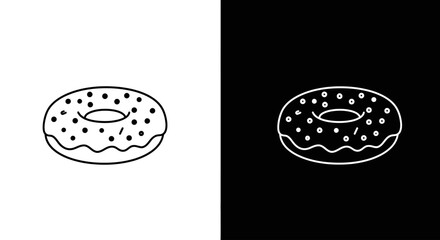 A simple line art icon of a donut with frosting and sprinkles, shown in black on white and white on black.