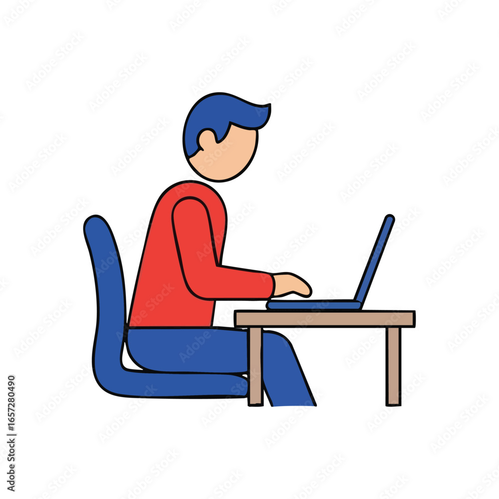 Poster focused individual using laptop. this clean vector illustration portrays deep concentration and mode