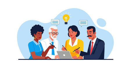 Diverse business team collaborating in a meeting. Brainstorming new ideas with innovation and teamwork. Perfect for corporate and professional concepts.