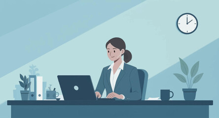 Professional woman working at laptop in modern office, wearing a headset for remote communication. Ideal for business, technology, or corporate themes.
