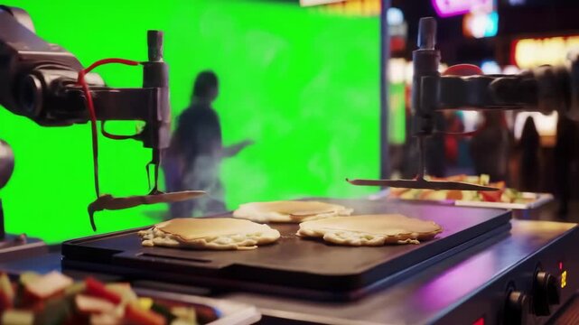 A robotic arm skillfully flips pancakes on a griddle in a futuristic food prep area.