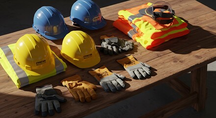 Construction safety gear hard hats, vests, and gloves arranged on a wooden table