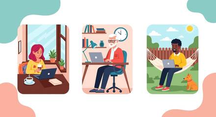 Diverse individuals work remotely from various comfortable settings, illustrating modern flexible employment and digital nomad lifestyle.