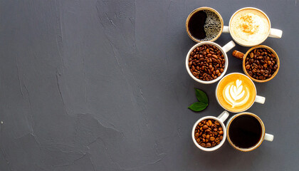Aromatic Assortment of Coffee Delights: A vibrant array of freshly brewed coffee, creamy latte art, and roasted coffee beans in small cups on a dark background.