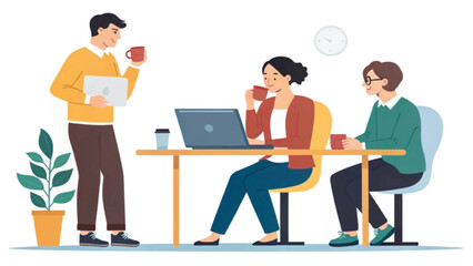 Business colleagues collaborate and communicate during a casual office meeting, enjoying coffee while working on laptops in a modern workspace.