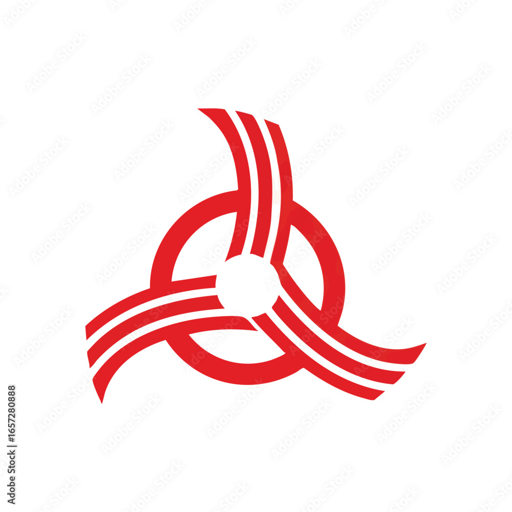 Poster abstract red propeller design. bold scarlet graphic on a dark backdrop. three flowing elements emana