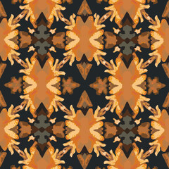 Symmetrical abstract design featuring repeating geometric shapes in warm, earthy tones against a dark background.