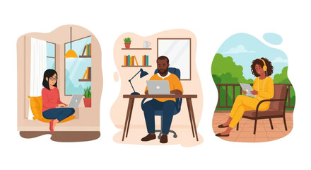 Diverse individuals working remotely from comfortable home and outdoor settings, showcasing modern flexible lifestyles and digital productivity.