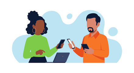 Diverse individuals interact with smartphones and a laptop, depicting modern digital communication, data exchange, and online collaboration for business or personal use.
