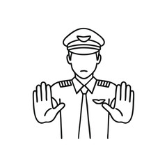 Pilot Stop Hand Signal. Stylized illustration of an aviator in uniform performing a commanding gesture. This image conveys warnings, prohibition, or refusal, symbolizing control.