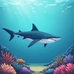 Obraz premium A majestic shark swims gracefully through the depths of a vibrant coral reef.