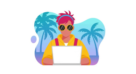 Person working on laptop in a vibrant tropical setting, embodying remote work, digital nomad lifestyle, and freedom to travel.