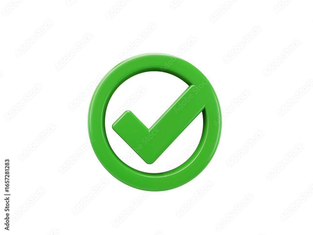 Poster glossy green check mark inside a circle symbol representing success and approval isolated on transpa