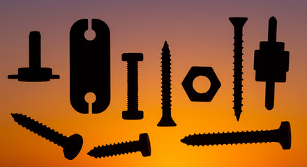 Bold hardware silhouettes against a vibrant sunset create a striking industrial aesthetic.