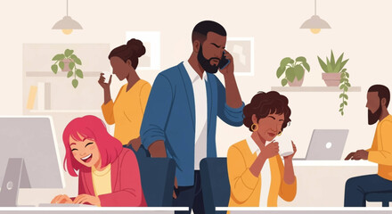 Diverse team thriving in a bustling modern office. Highlights teamwork, communication, and a productive, positive work environment.